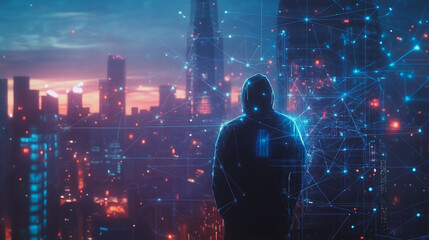 Hacker are planning to hack and attack networks and cyber security systems.Smart digital city with connection Innovation network reciprocity over the cityscape