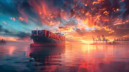 Container Cargo freight ship on sunset sky background