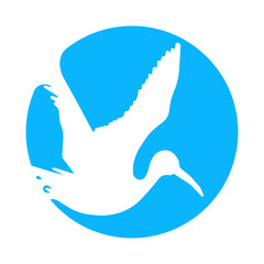 Flying Stork logo. stork logo simple cartoon flying crane vector. flying white stork with white wing logo sign on blue background