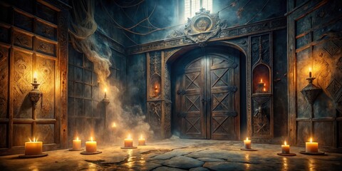 Obraz premium Mysterious ancient entryway with flickering candlelight and cobblestone floor, shrouded in ethereal mist