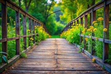 Obraz premium Wooden footbridge pathway lined with vibrant yellow wildflowers, leading into a tranquil green forest setting.