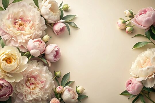 Elegant Pastel Peonies Frame a Delicate Beige Background, Perfect for Wedding Invitations or Romantic Announcements