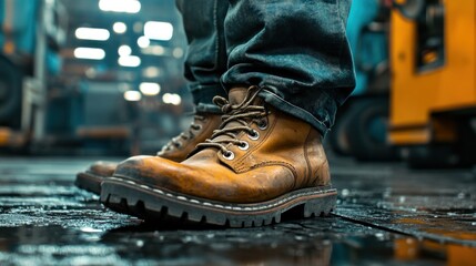 A close-up of a workerâ€™s boots on a factory floor, symbolizing the foundation of hard labor, still life photography with industrial textures