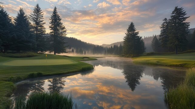rolling green fairways bordered by pristine sand bunkers and mature pine trees, morning dew glistens under soft dawn light, tranquil water hazard reflects clouds