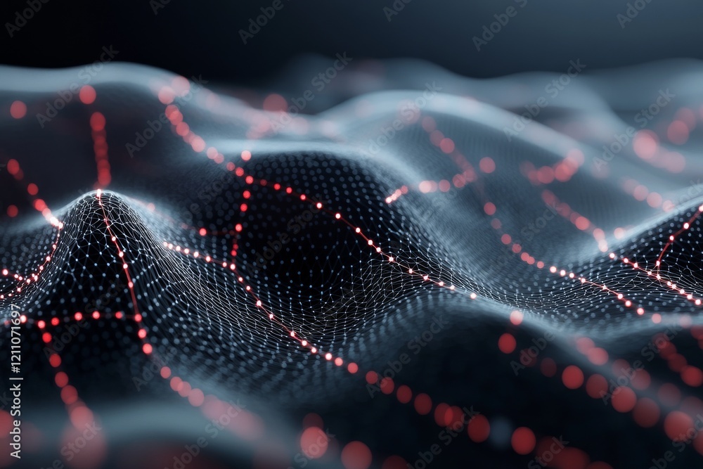 Poster visual representation of abstract data waves with glowing red and white dots against a dark backgrou