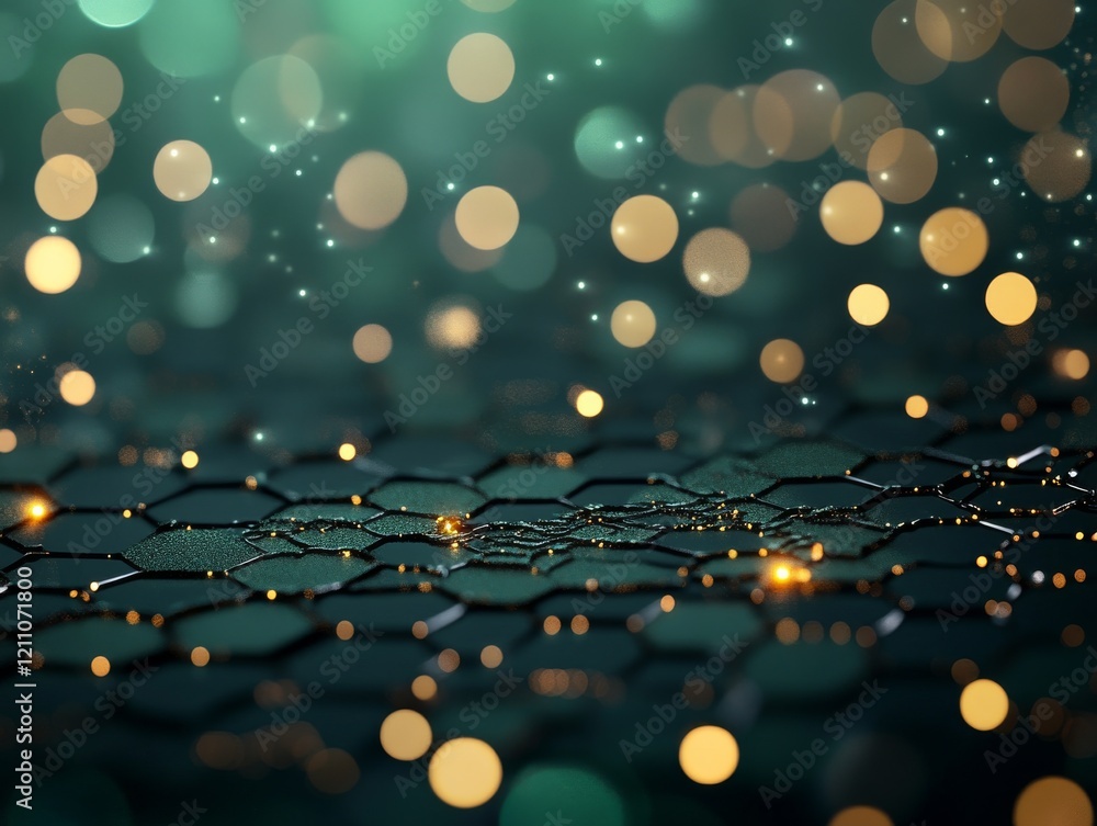 Poster intricate pattern of glowing hexagons with sparkling bokeh lights on a dark background