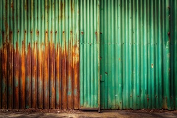 Obraz premium A weathered corrugated metal gate, partially rusted and showing the passage of time, stands before a backdrop of aged, textured metal, hinting at forgotten stories and industrial heritage.