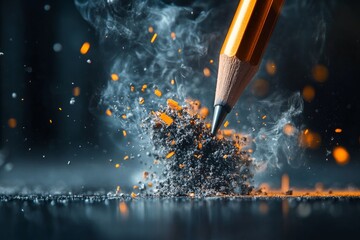 Gray dust and sparks explode from a pencil tip creating an artistic representation of creativity and inspiration