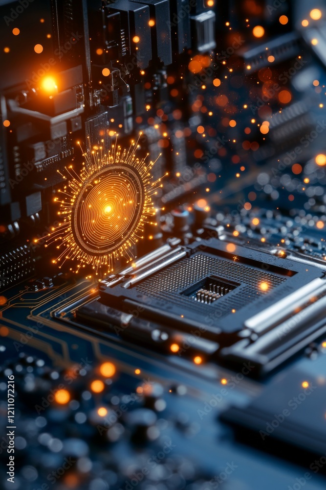 Poster detailed close-up of a computer chip with glowing elements, highlighting technology's intricate desi