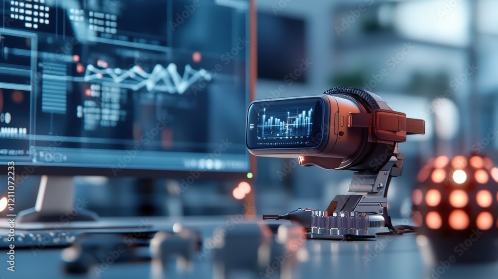 Aufkleber Advanced Virtual Reality Device Displaying Data Analytics in a Modern Workspace Setting with Futuristic Technology and Data Visualization Elements