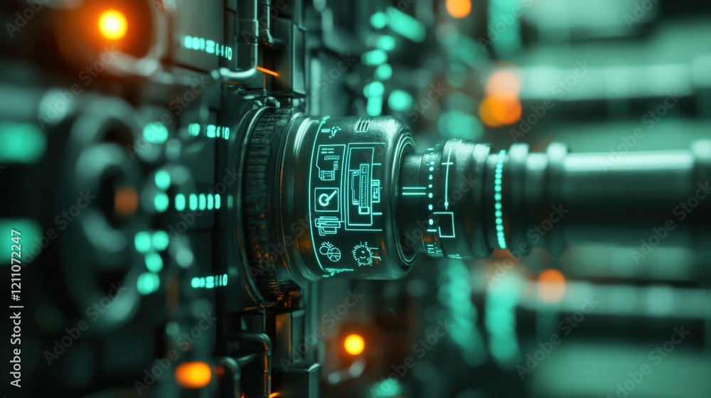Poster close-up of a futuristic control mechanism featuring bright neon lights, circuitry, and advanced tec