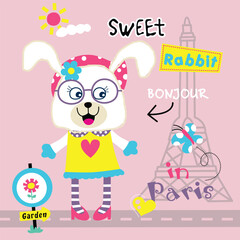 Cartoon rabbit wearing glasses and polka-dot scarf in Paris with Eiffel Tower on pink background. Sweet and charming travel design concept
