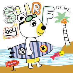 Cartoon bear surfer carrying striped surfboard on a sunny tropical beach with palm tree. Summer adventure and fun design concept

