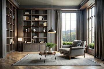 Sophisticated Living Room Design Featuring a Comfortable Armchair, Built-in Bookcases, and a Stylish Coffee Table