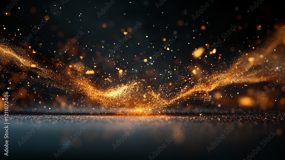 Poster sparkling golden particles swirl and dance across a dark background in an artistic display of light 