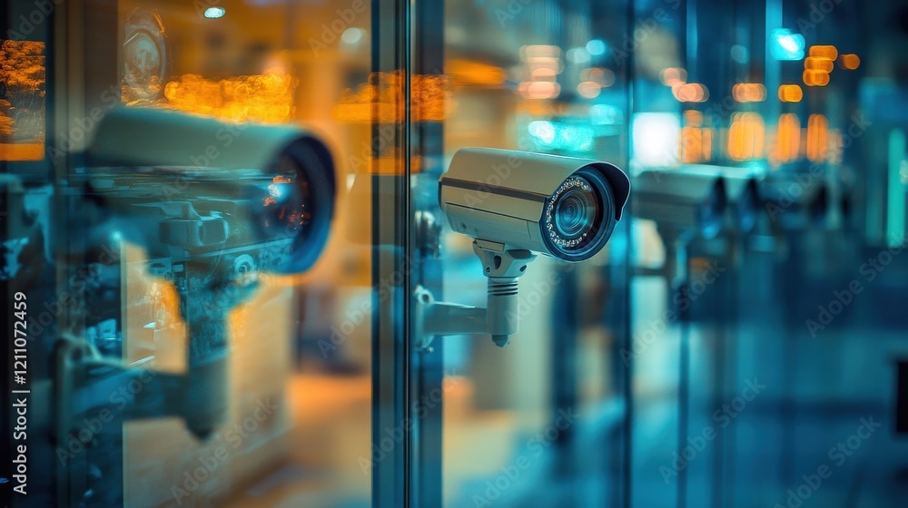 Aufkleber high-tech surveillance cameras mounted on glass walls in modern urban environment with soft lighting
