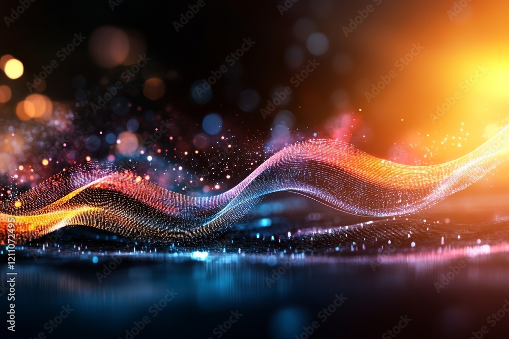 Poster colorful light waves create a mesmerizing display of patterns and reflections in a darkened space