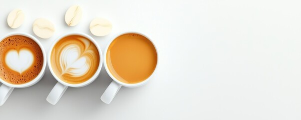 Three Stylish Coffee Cups with Creamy Designs and Beans