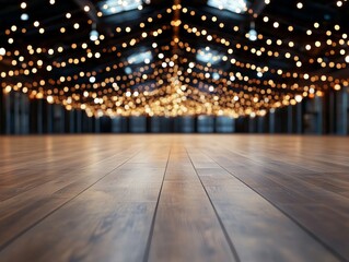 Event space with warm string lights and polished wooden floor creates a cozy atmosphere for gatherings at night