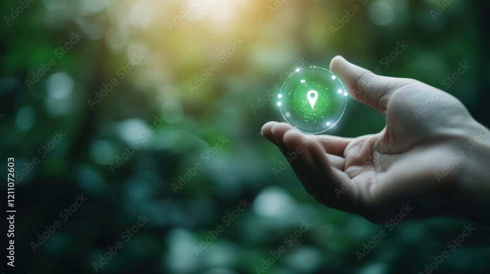 Poster a hand holding a holographic location pin symbol in a lush green forest representing navigation tech