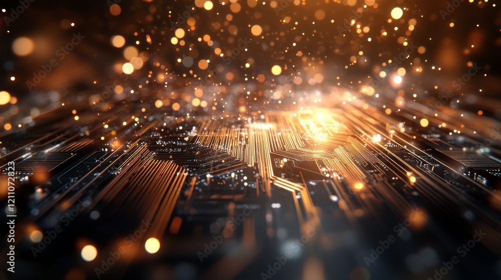 Poster abstract digital circuit with glowing particles creating a futuristic atmosphere in a technology-ins