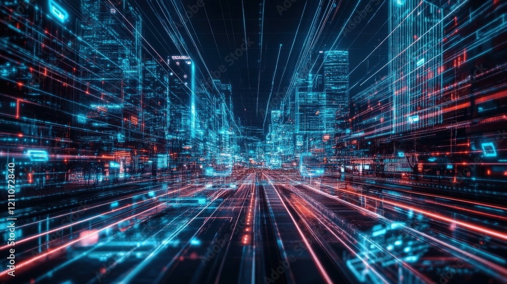 Poster futuristic cityscape with neon lights and technology elements, abstract digital environment with glo