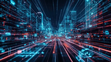 Futuristic Cityscape with Neon Lights and Technology Elements, Abstract Digital Environment with Glowing Lines and Structures, Cyberpunk Aesthetic at Night