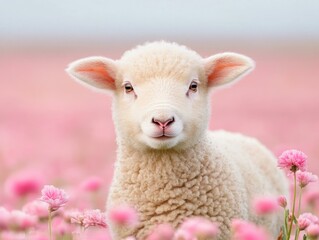 Sheep grazing in a colorful field of wildflowers under a clear blue sky