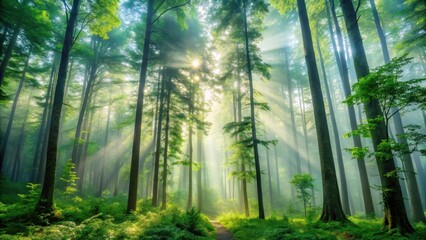 Obraz premium Sunbeams Illuminate a Mystical Forest Path, Enveloped in Morning Mist and Lush Greenery