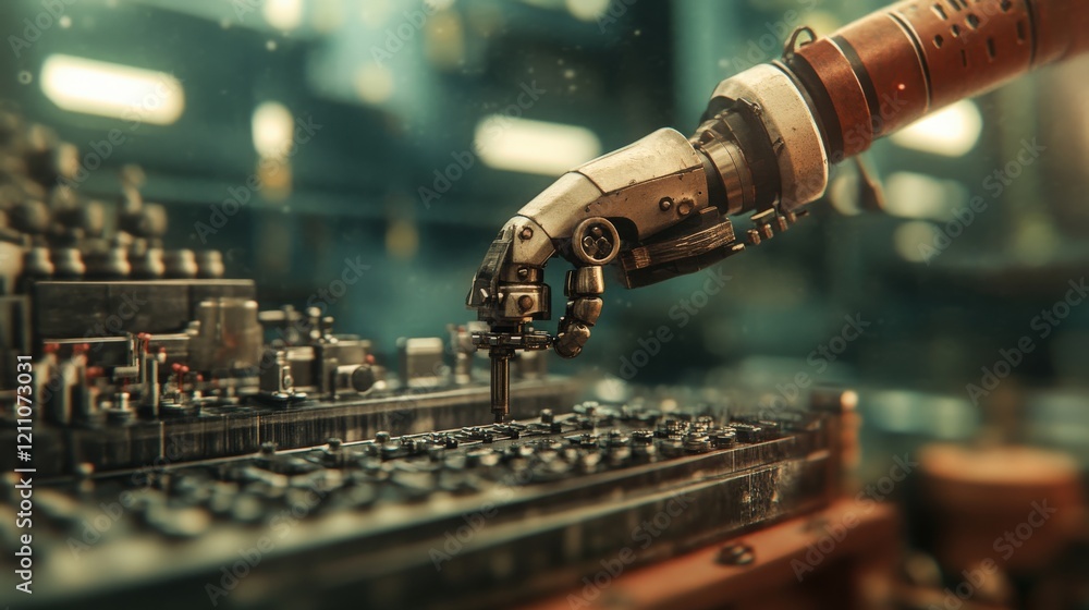 Poster Advanced robotic hand interacting with machinery components in a futuristic factory setting showcasing automation, technology, and innovation in manufacturing processes