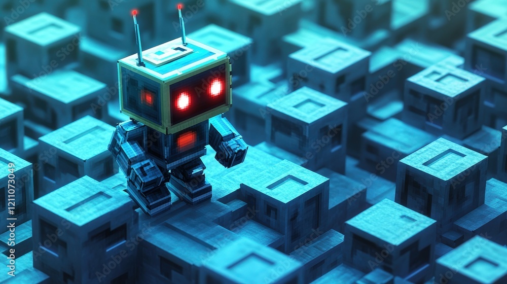 Aufkleber retro robot exploring a futuristic digital landscape filled with abstract cubes and neon lighting, r