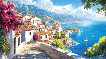 sun-drenched mediterranean coastal village, impressionistic brushstrokes capturing azure waters, terracotta roofs, and flowering bougainvillea cascading down white walls