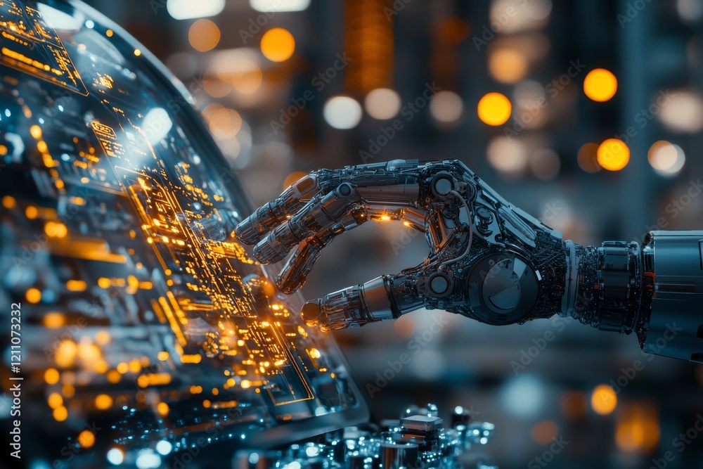 Aufkleber robotic hand interacts with glowing circuitry in a futuristic technological setting at night