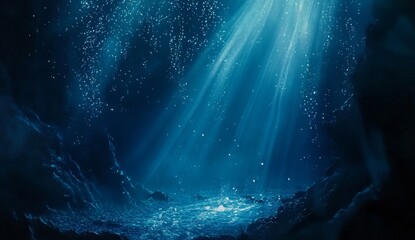 Underwater scene with sunbeam, particles, and dark seabed.