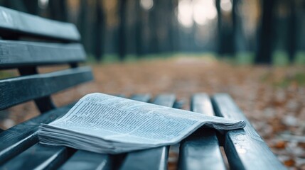 Abandoned newspaper on a park bench in autumn