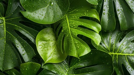 Fototapeta premium Lush green leaves with water droplets after rain
