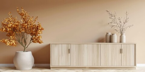 The soothing aesthetic of a beige wall backdrop adorned with greenery.