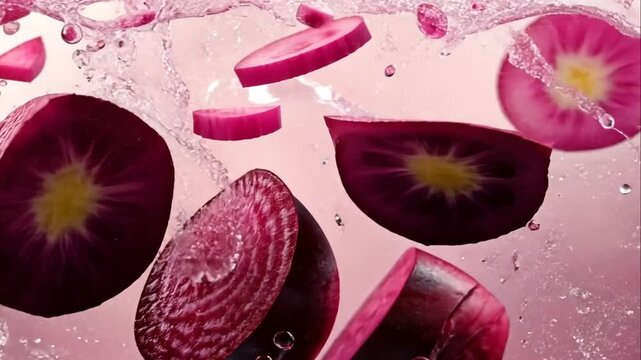 Beetroot slices splashing in water.