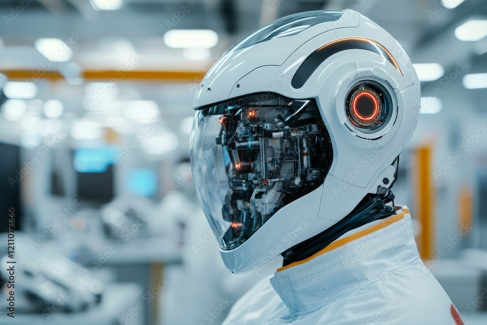 Poster futuristic robotic helmet showcases advanced technology and design in a modern laboratory setting
