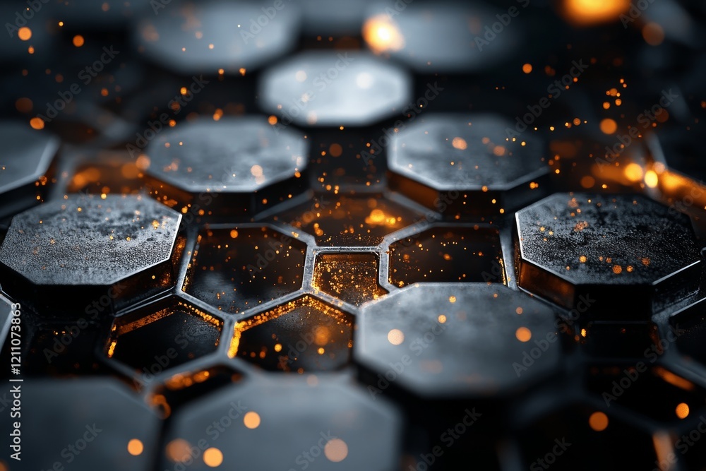 Poster abstract textured surface with hexagonal patterns illuminated by glowing particles at a close distan
