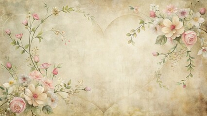 Romantic floral arrangement on antique parchment background with a subtle heart shape formed by the delicate blooms and foliage