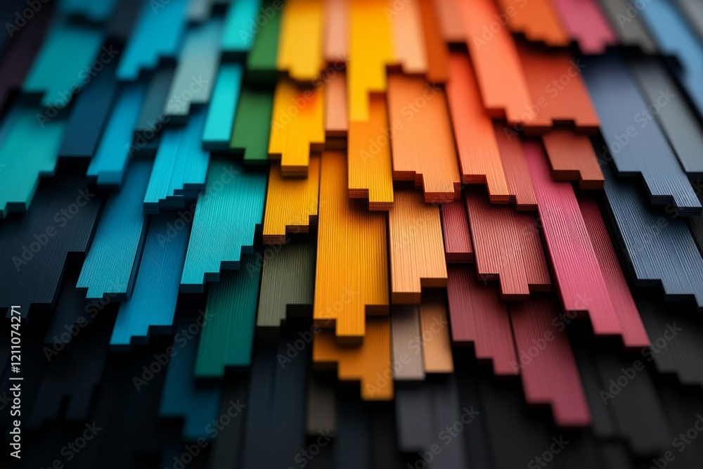 Poster colorful wooden planks arranged in a dynamic pattern create a striking visual effect in this close-u