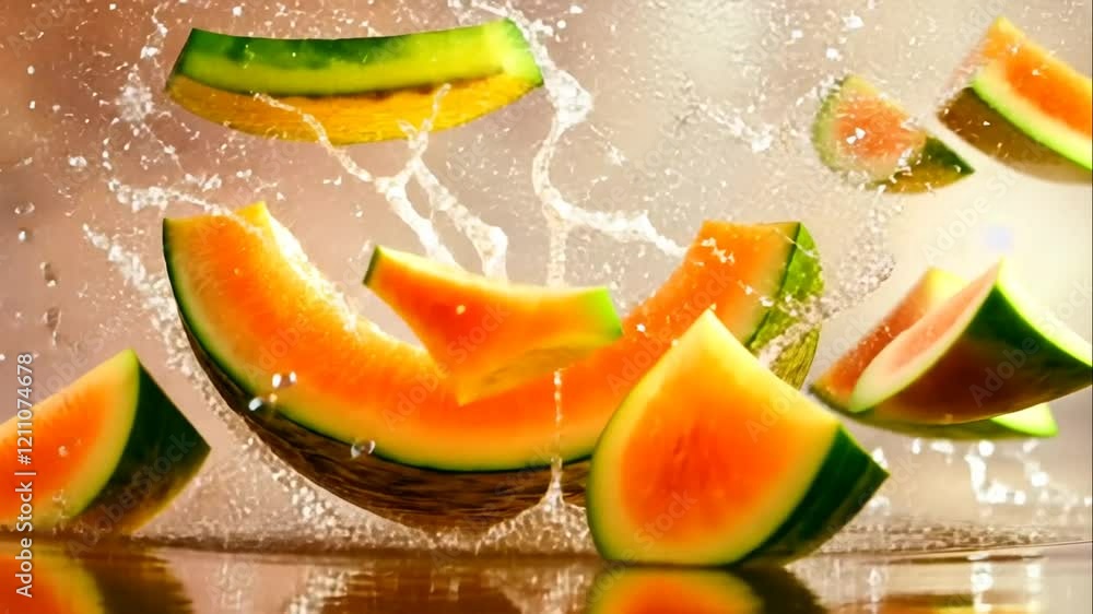 Poster cantaloupe slices splashing into water, creating a vibrant, refreshing image.