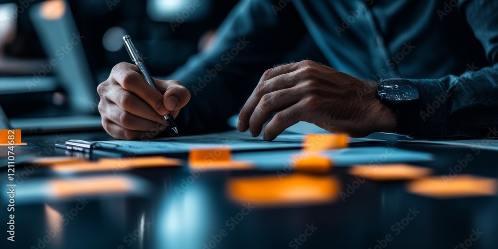 Poster hands writing notes with sticky reminders on a desk in a modern workspace, highlighting productivity