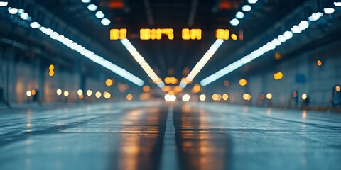 Path through an illuminated tunnel with bright lights and a departure display in the distance at twilight