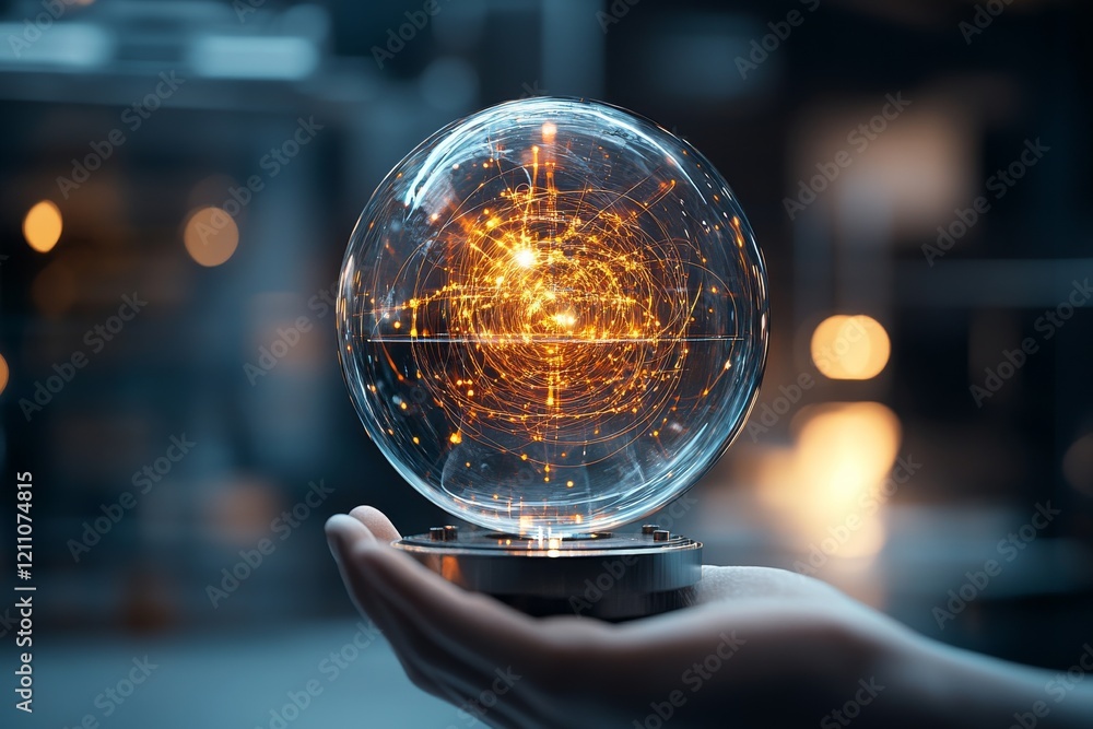 Poster intricate glass sphere displaying a luminous network of energy patterns held in a hand against a dar