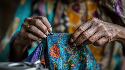 A close-up view of hands meticulously sewing colorful patterned fabric with a needle showing detail