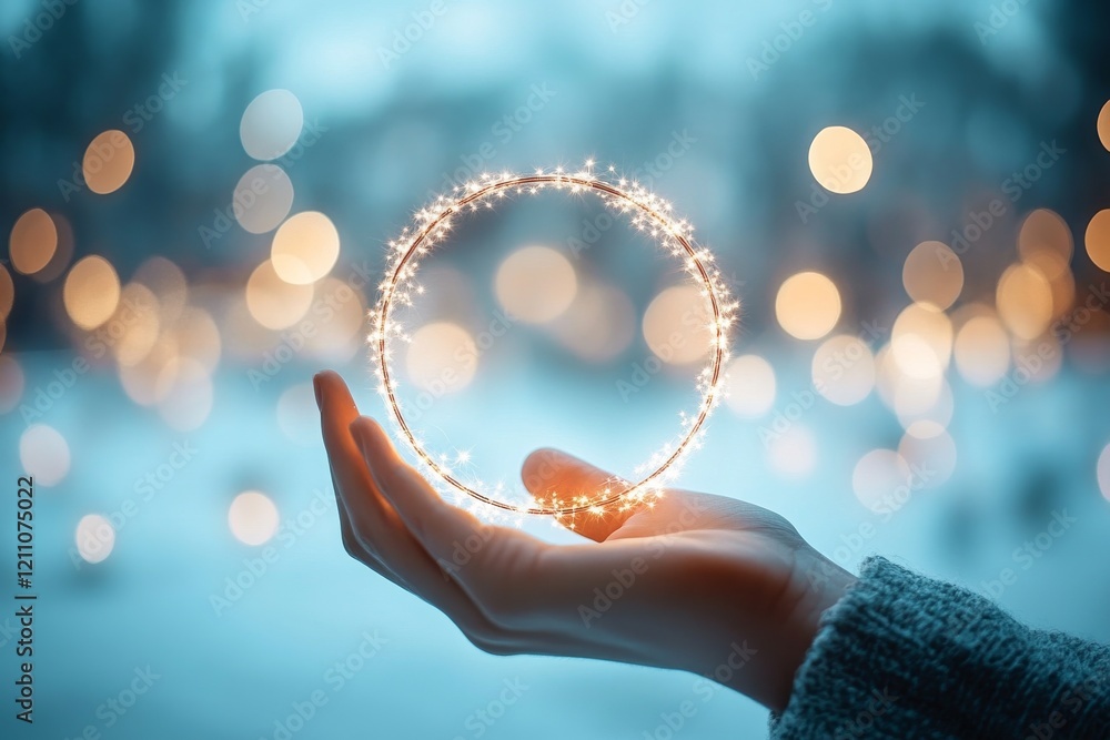 Poster hand holding sparkling light circle in a winter setting with blurred background