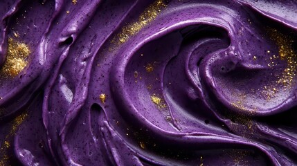 Obraz premium vibrant purple acai bowl smoothie texture swirled with golden honey, macro photography, artistic food composition on black background