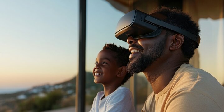 Enjoying virtual reality together during sunset at home with family